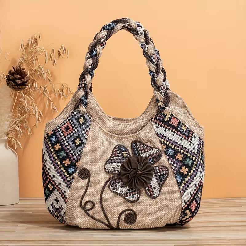 Women Yellow Bohemian Floral Embroidered Hobo Bag | Retro Ethnic Fabric Zipper Tote Purse