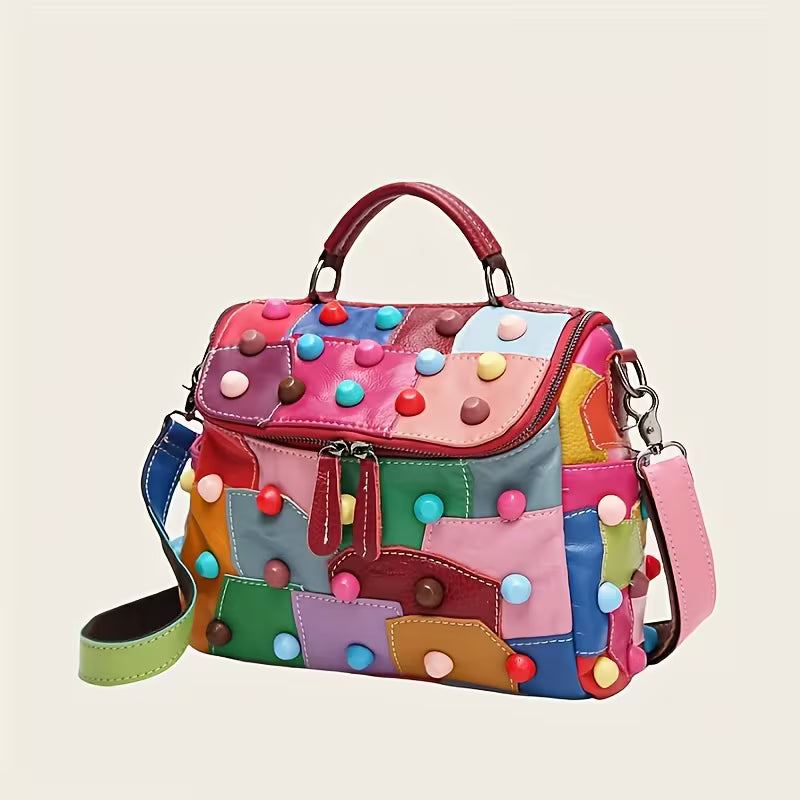 Red Rivet Geometric Messenger Bag | Microfiber Leather Crossbody Handbag