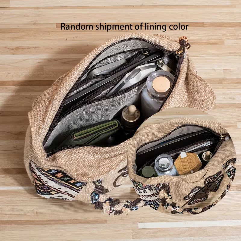 Women Yellow Bohemian Floral Embroidered Hobo Bag | Retro Ethnic Fabric Zipper Tote Purse