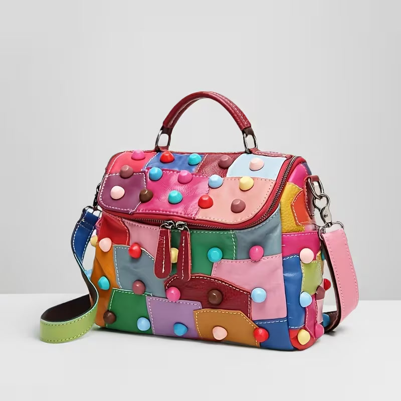 Red Rivet Geometric Messenger Bag | Microfiber Leather Crossbody Handbag