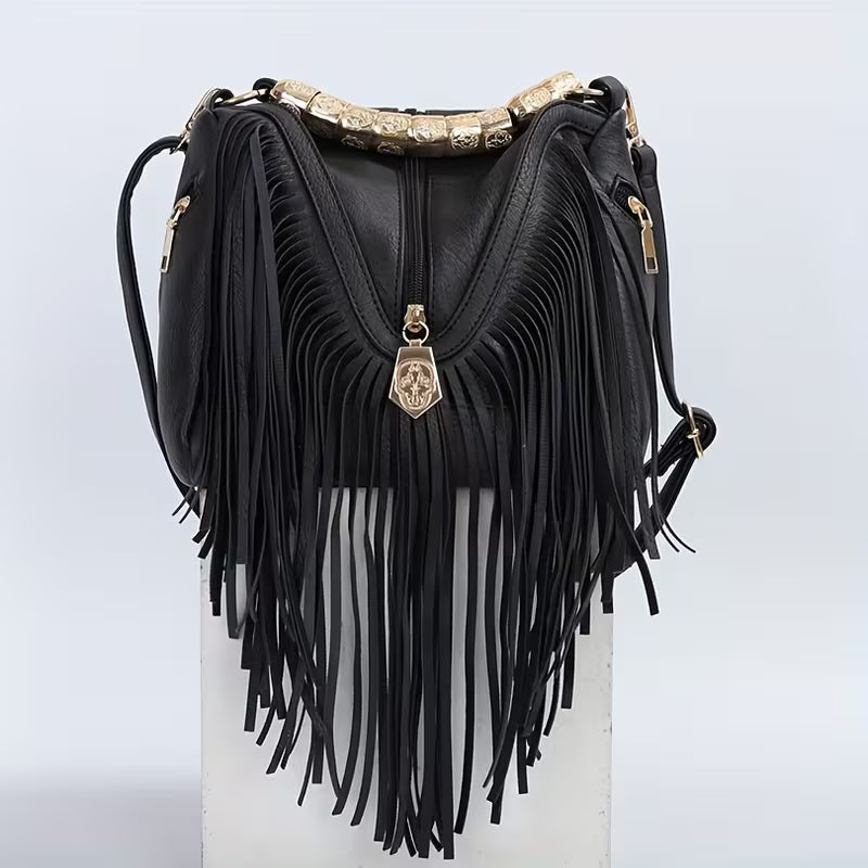 Trendy Tassel PU Shoulder Crossbody Bag for Women | Solid Color Adjustable Strap Metal Handbag