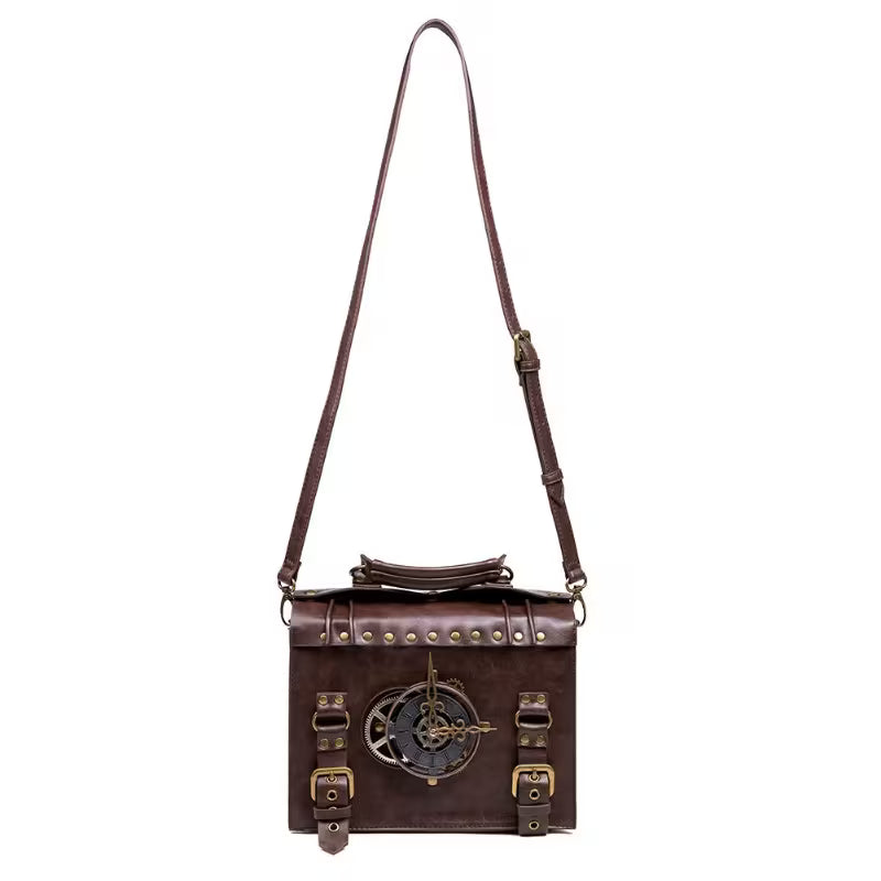 Halloween Punk Industrial Vintage Crossbody Bag, Coffee Steampunk PU Messenger Bag