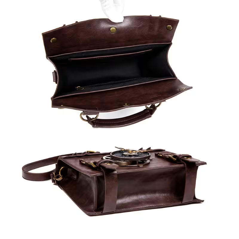 Halloween Punk Industrial Vintage Crossbody Bag, Coffee Steampunk PU Messenger Bag