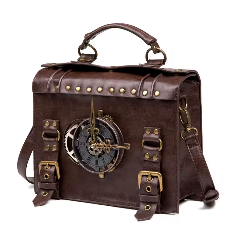 Halloween Punk Industrial Vintage Crossbody Bag, Coffee Steampunk PU Messenger Bag