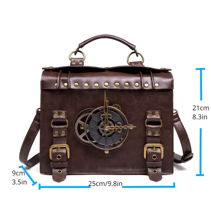 Halloween Punk Industrial Vintage Crossbody Bag, Coffee Steampunk PU Messenger Bag