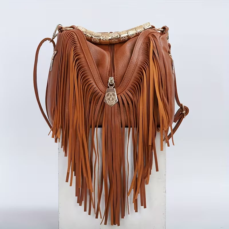 Trendy Tassel PU Shoulder Crossbody Bag for Women | Solid Color Adjustable Strap Metal Handbag