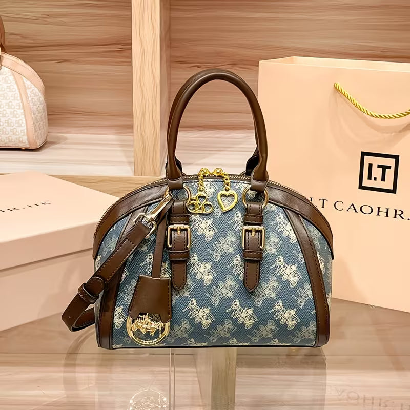 Vintage Carriage Print Blue PVC Shell Bag | Women Detachable Strap Crossbody Shoulder Purse