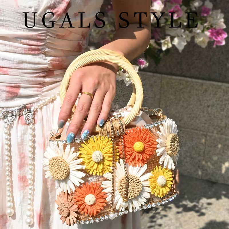 3D Flower Wooden Handle Crossbody Bag | Women Metal Drawstring Purse for Vacation Banquet