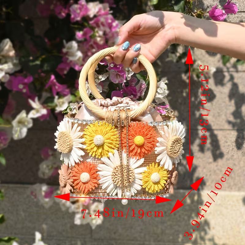 3D Flower Wooden Handle Crossbody Bag | Women Metal Drawstring Purse for Vacation Banquet