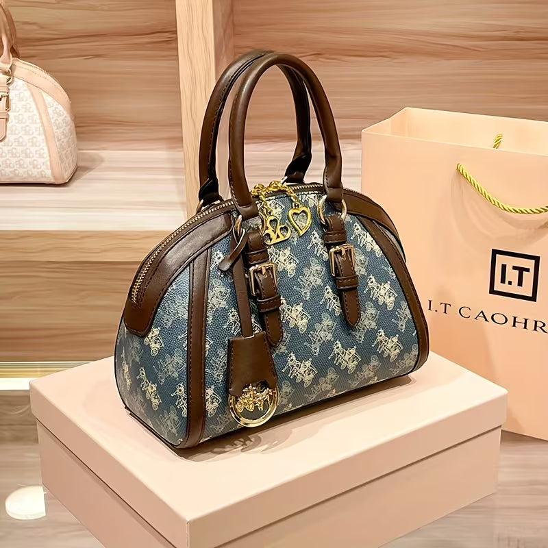 Vintage Carriage Print Blue PVC Shell Bag | Women Detachable Strap Crossbody Shoulder Purse