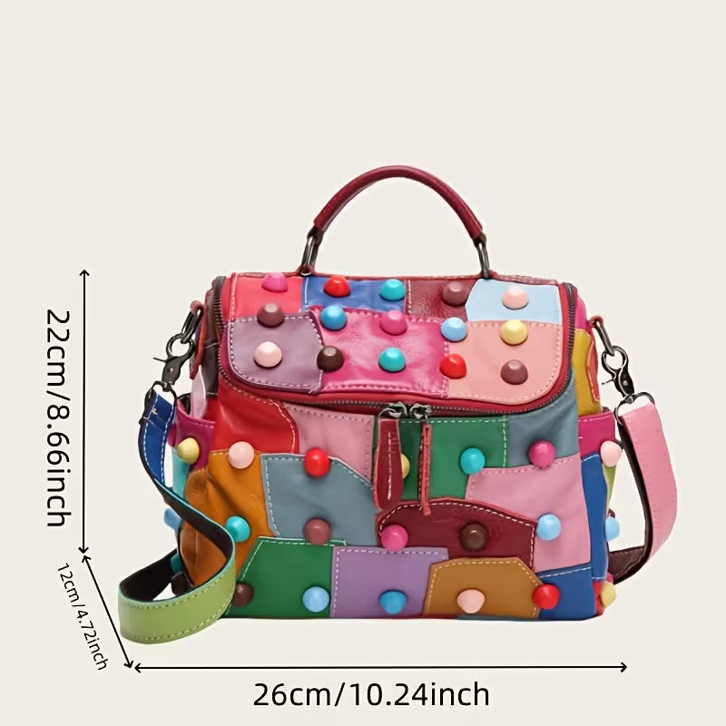 Red Rivet Geometric Messenger Bag | Microfiber Leather Crossbody Handbag