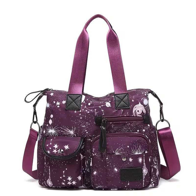 Starry Sky Print Nylon Travel Tote Bag | Women Multi-Pocket Crossbody Messenger Bag