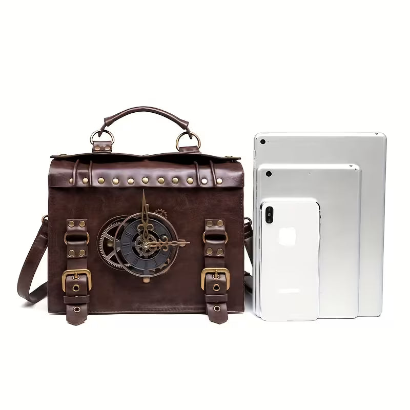 Halloween Punk Industrial Vintage Crossbody Bag, Coffee Steampunk PU Messenger Bag