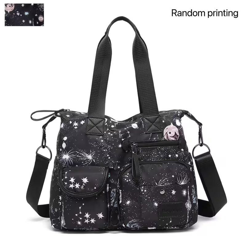 Starry Sky Print Nylon Travel Tote Bag | Women Multi-Pocket Crossbody Messenger Bag