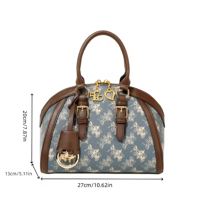 Vintage Carriage Print Blue PVC Shell Bag | Women Detachable Strap Crossbody Shoulder Purse