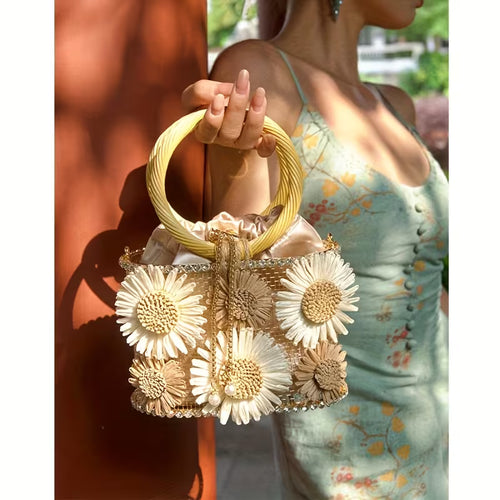 3D Flower Wooden Handle Crossbody Bag | Women Metal Drawstring Purse for Vacation Banquet