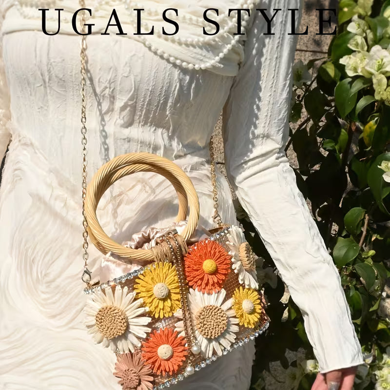 3D Flower Wooden Handle Crossbody Bag | Women Metal Drawstring Purse for Vacation Banquet