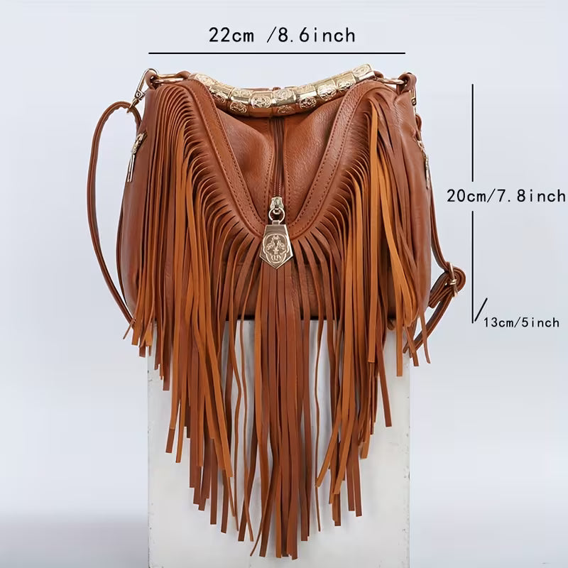 Trendy Tassel PU Shoulder Crossbody Bag for Women | Solid Color Adjustable Strap Metal Handbag