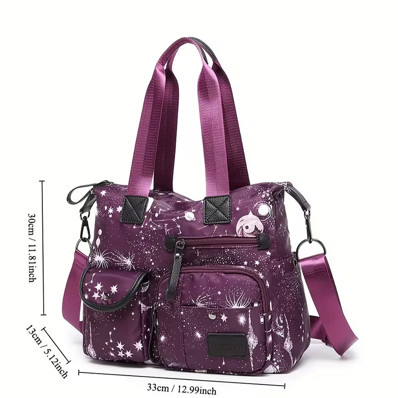 Starry Sky Print Nylon Travel Tote Bag | Women Multi-Pocket Crossbody Messenger Bag