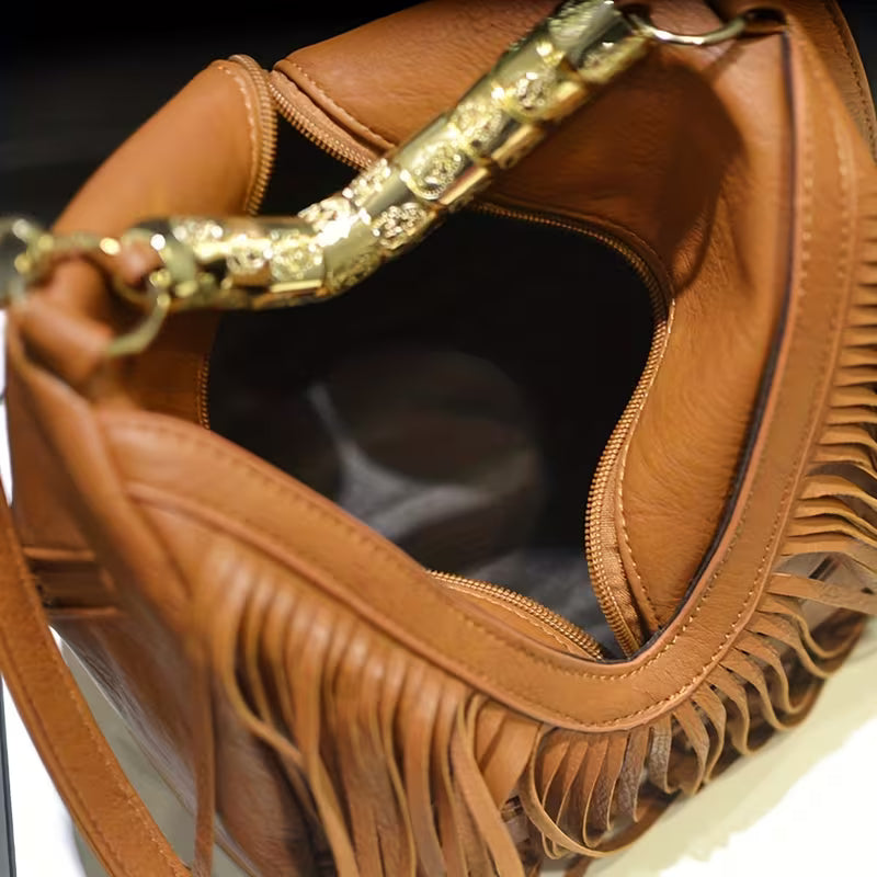 Trendy Tassel PU Shoulder Crossbody Bag for Women | Solid Color Adjustable Strap Metal Handbag