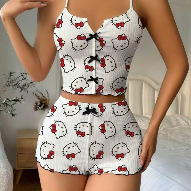 Sanrio Hello Kitty Bowknot Suspender Top Shorts Casual 2pcs Pajama Set Fashionable Thin Shoulder Strap Sexy Sleepwear Soft Pj